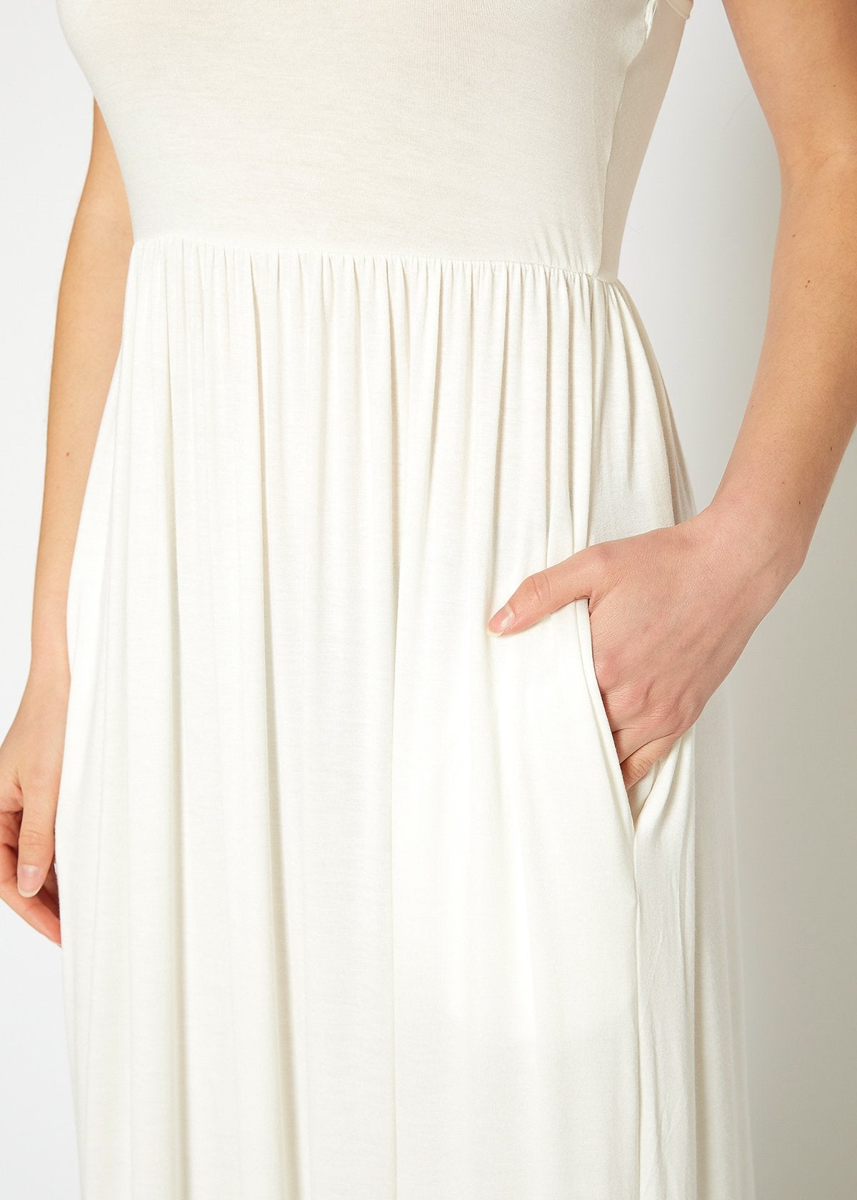 Sleeveless Rayon Pleated Maxi Dress in Ivory