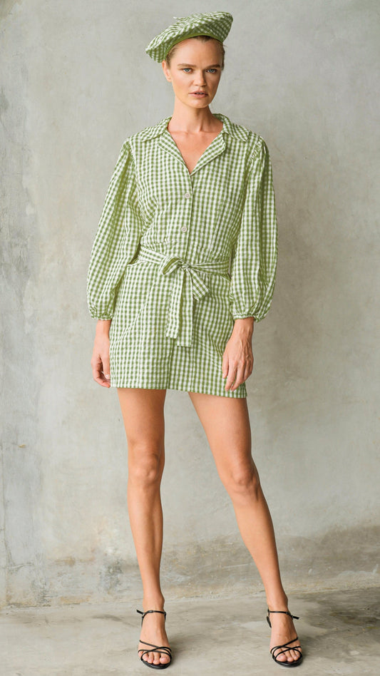 Meghan Mini Gingham Dress, in Olive Green