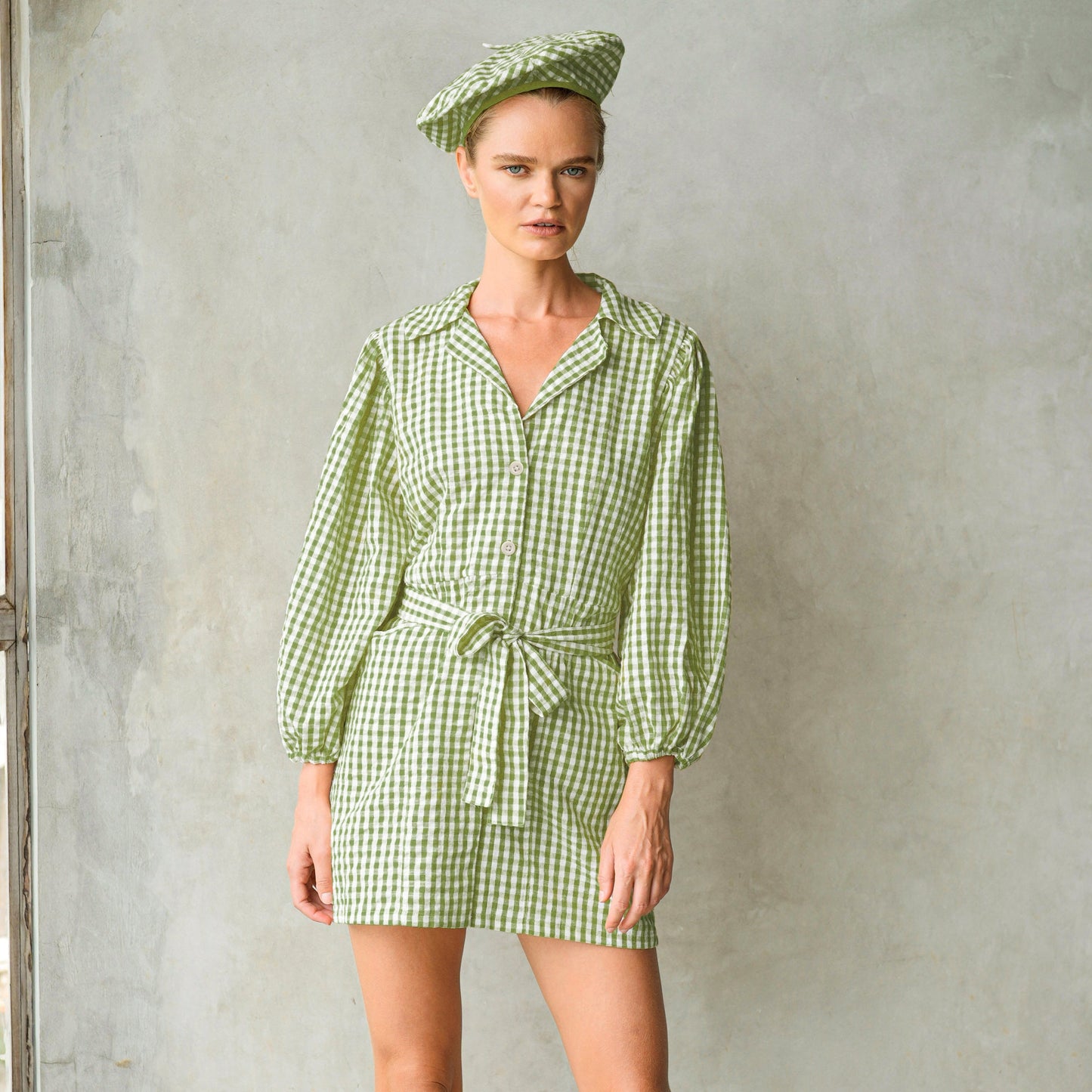 Meghan Mini Gingham Dress, in Olive Green