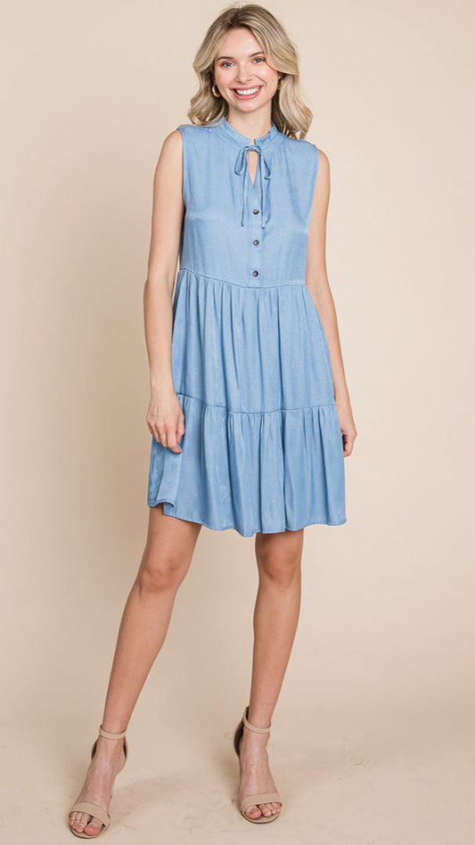 Chambray Tiered Sleeveless Ruffled Babydoll Dress