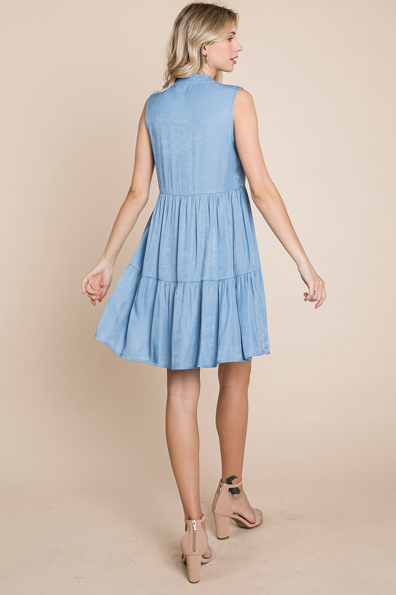 Chambray Tiered Sleeveless Ruffled Babydoll Dress