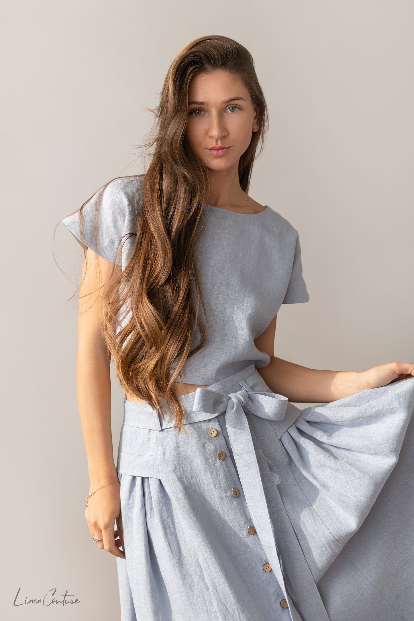 Taormina Ice Blue Linen Midi Skirt