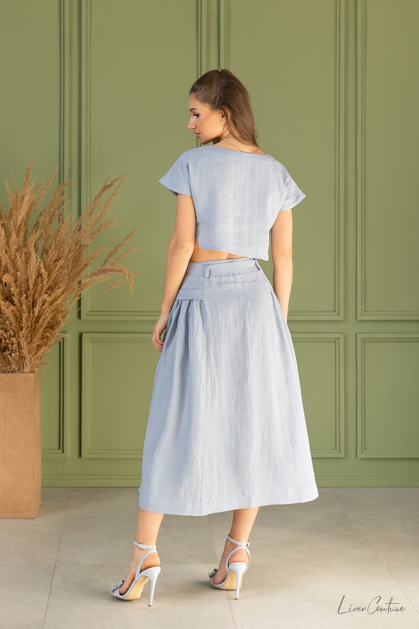 Taormina Ice Blue Linen Midi Skirt