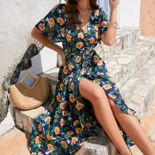 Wrap Summer Floral Dress With Ruffles