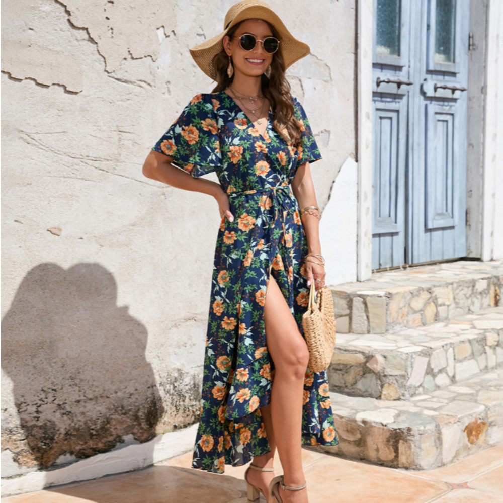 Wrap Summer Floral Dress With Ruffles