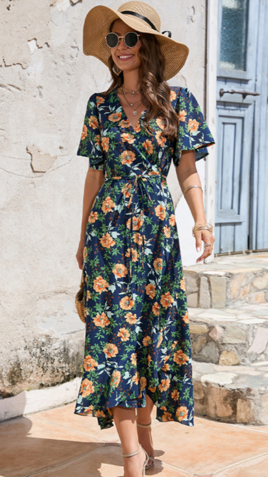 Wrap Summer Floral Dress With Ruffles