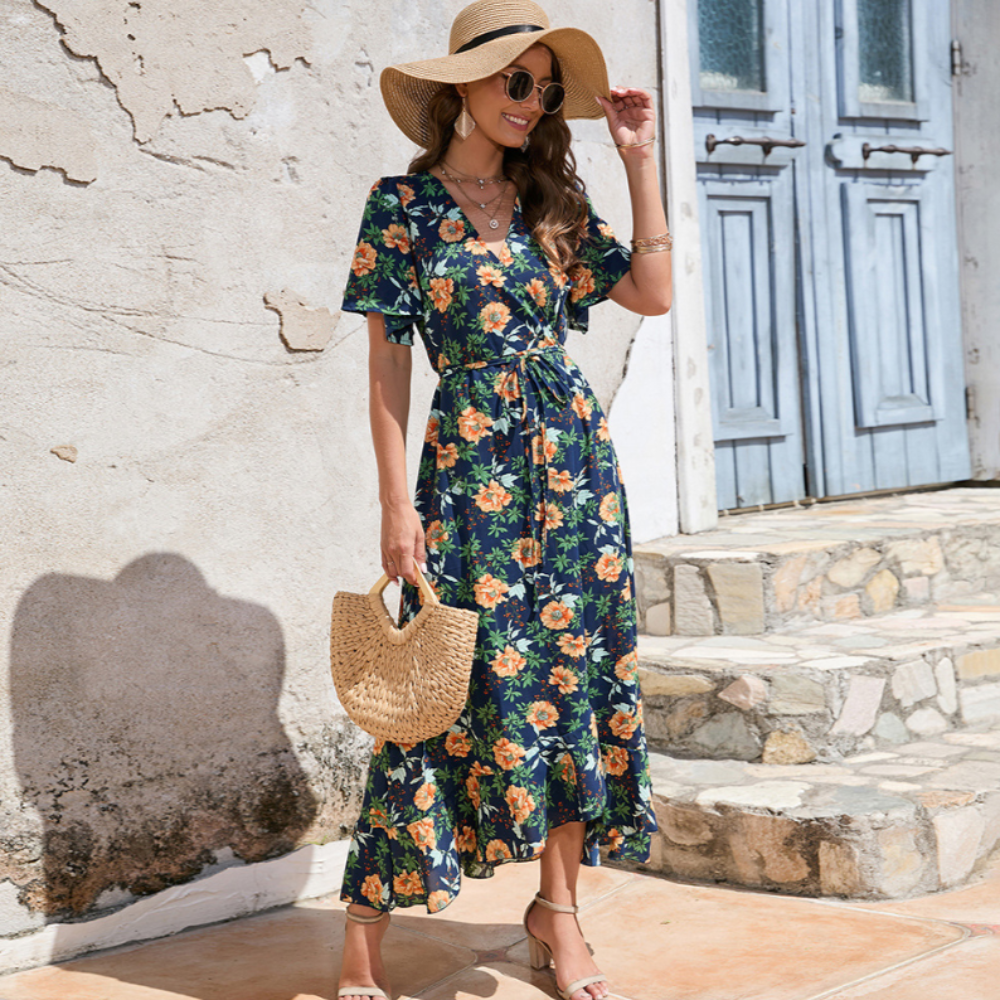 Wrap Summer Floral Dress With Ruffles