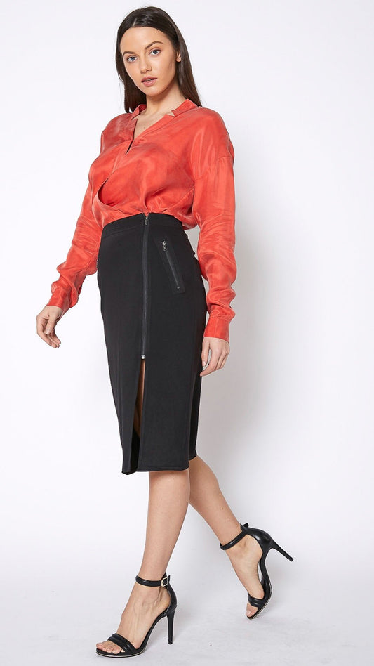 Zip Up Slit Hem Midi Skirt in Black