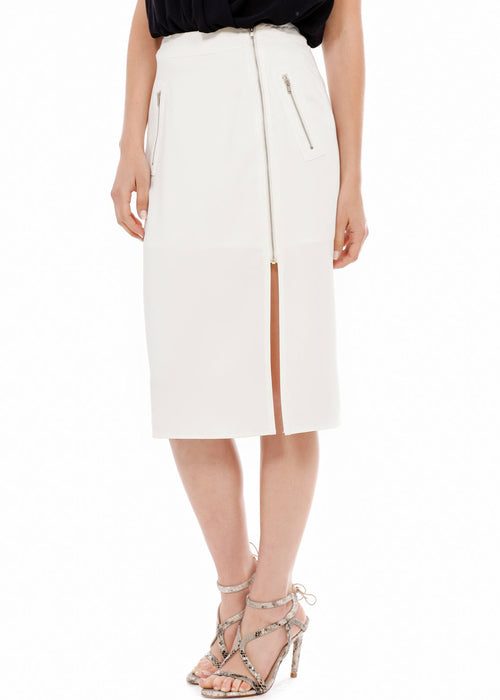 Zip Up Slit Hem Midi Skirt in Ivory