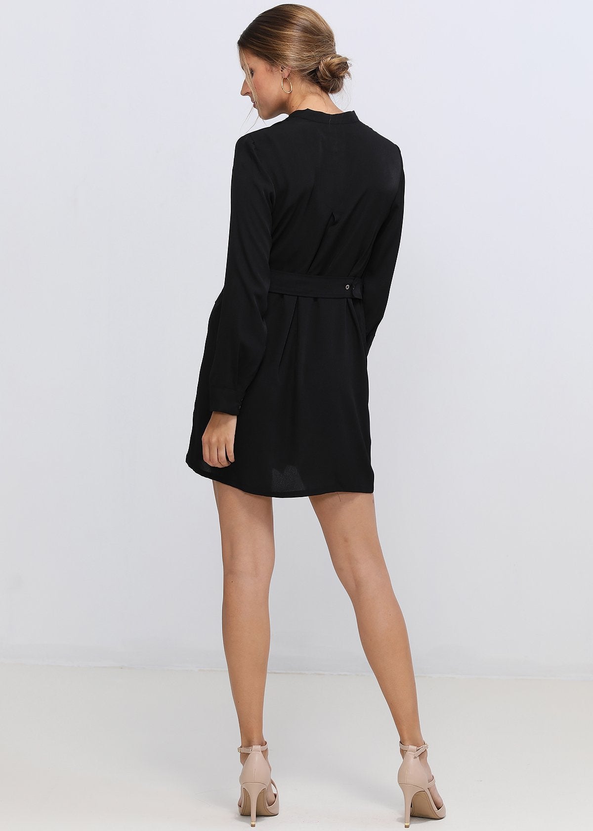 Stand Collar Wrap Mini Dress In Black