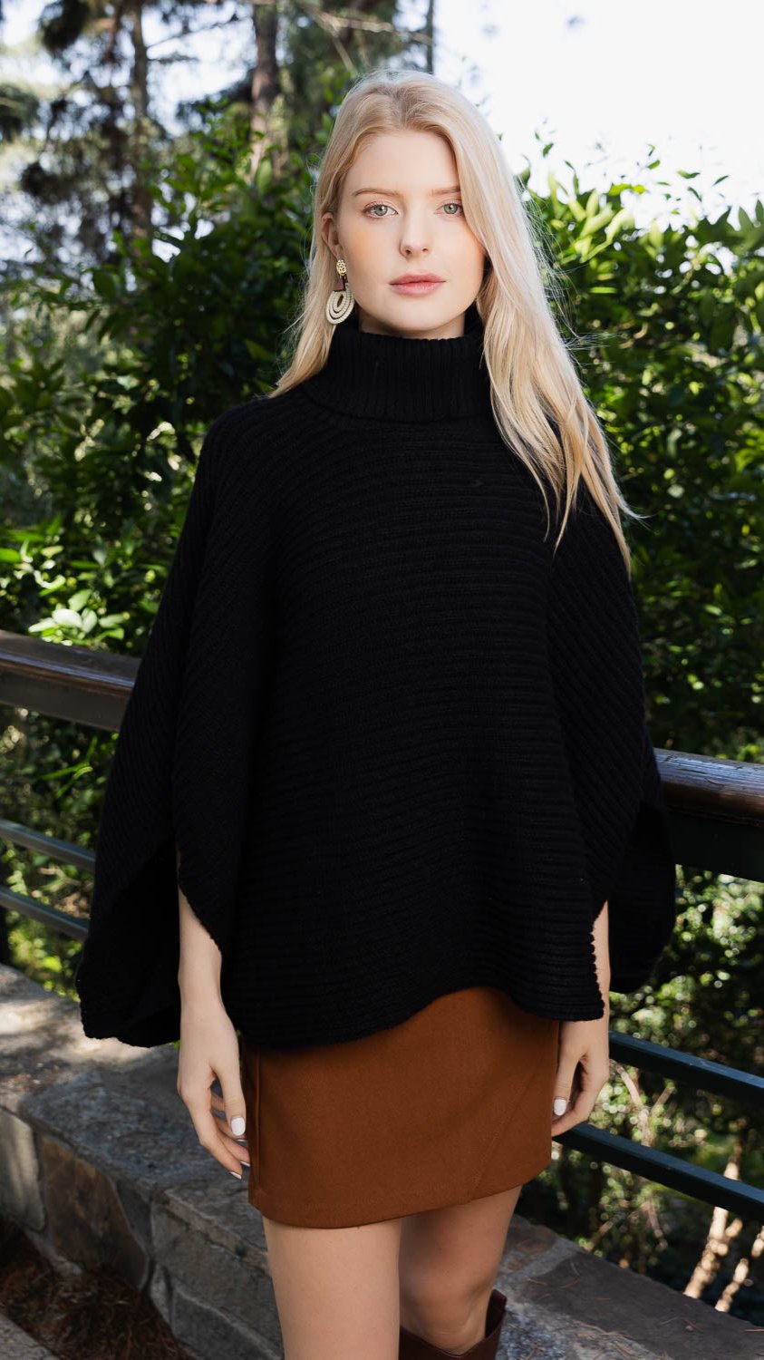 SnugStyle Turtleneck Ribbed Knit Poncho with Armholes