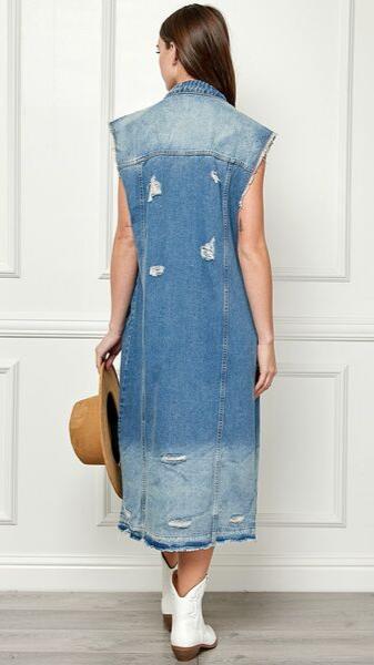 Veveret Full Size Distressed Sleeveless Longline Denim Jacket