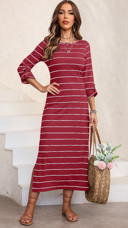 Slit Striped Round Neck Midi Dress in Deep Red