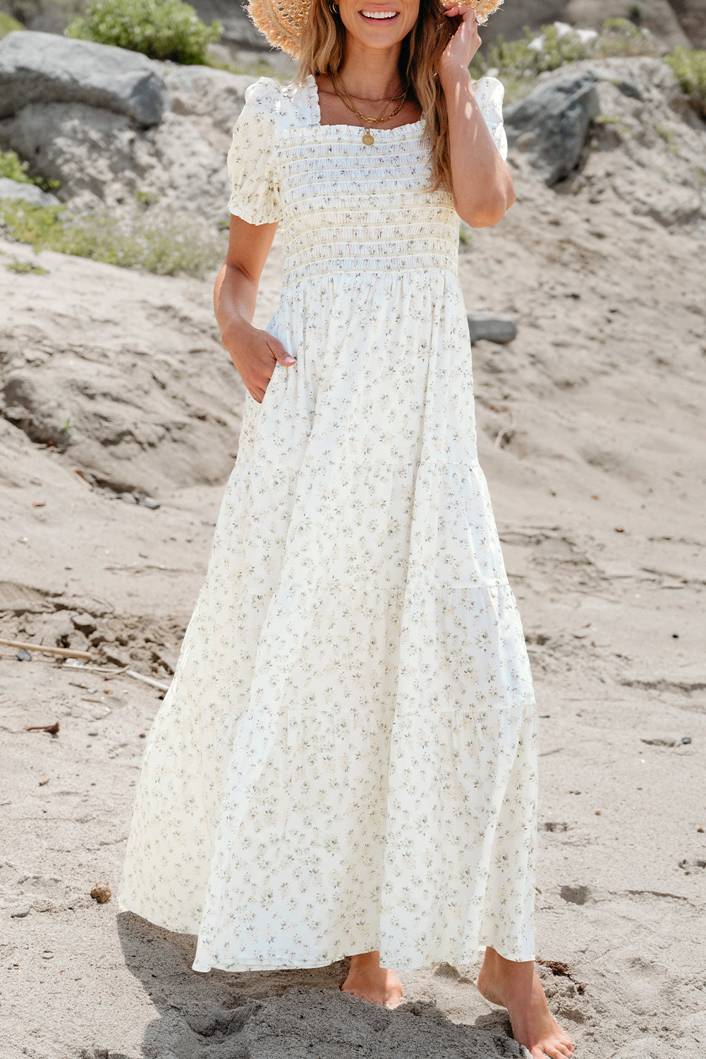 White Shirred Bodice Maxi Dress