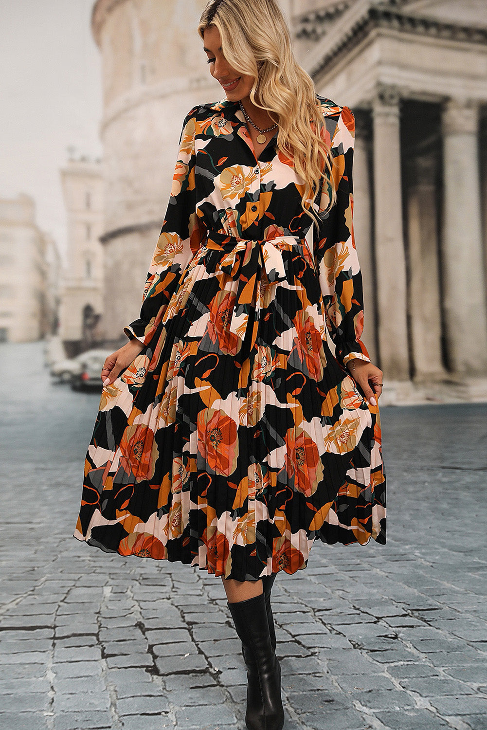 Floral Print Waist Tie Pleated Midi Dress