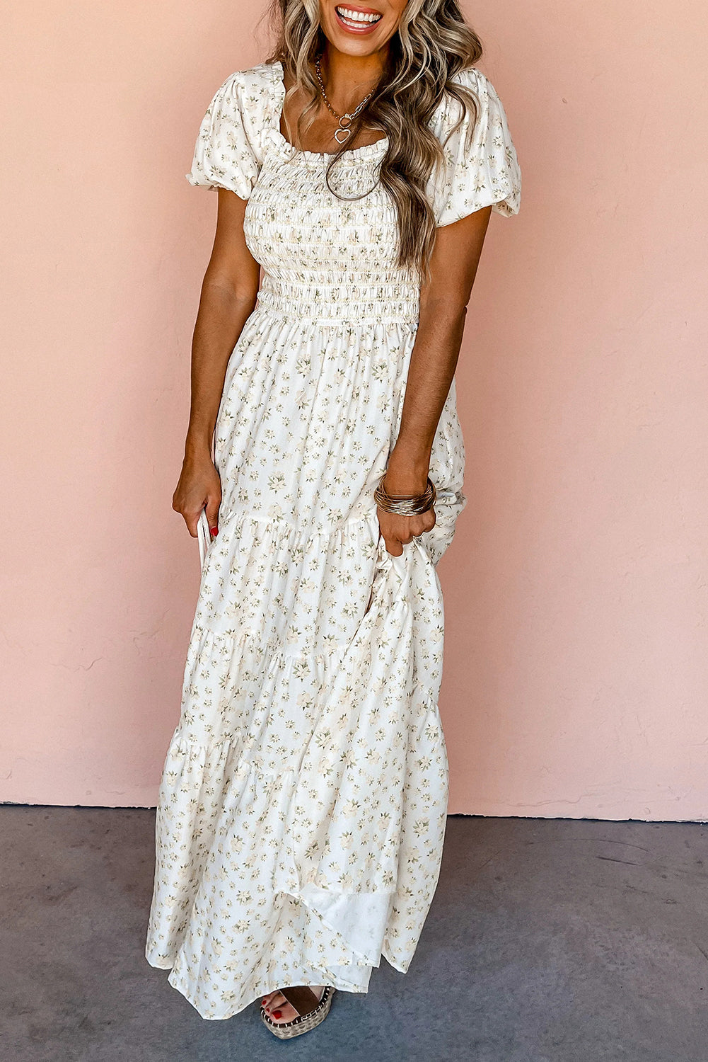 White Shirred Bodice Maxi Dress