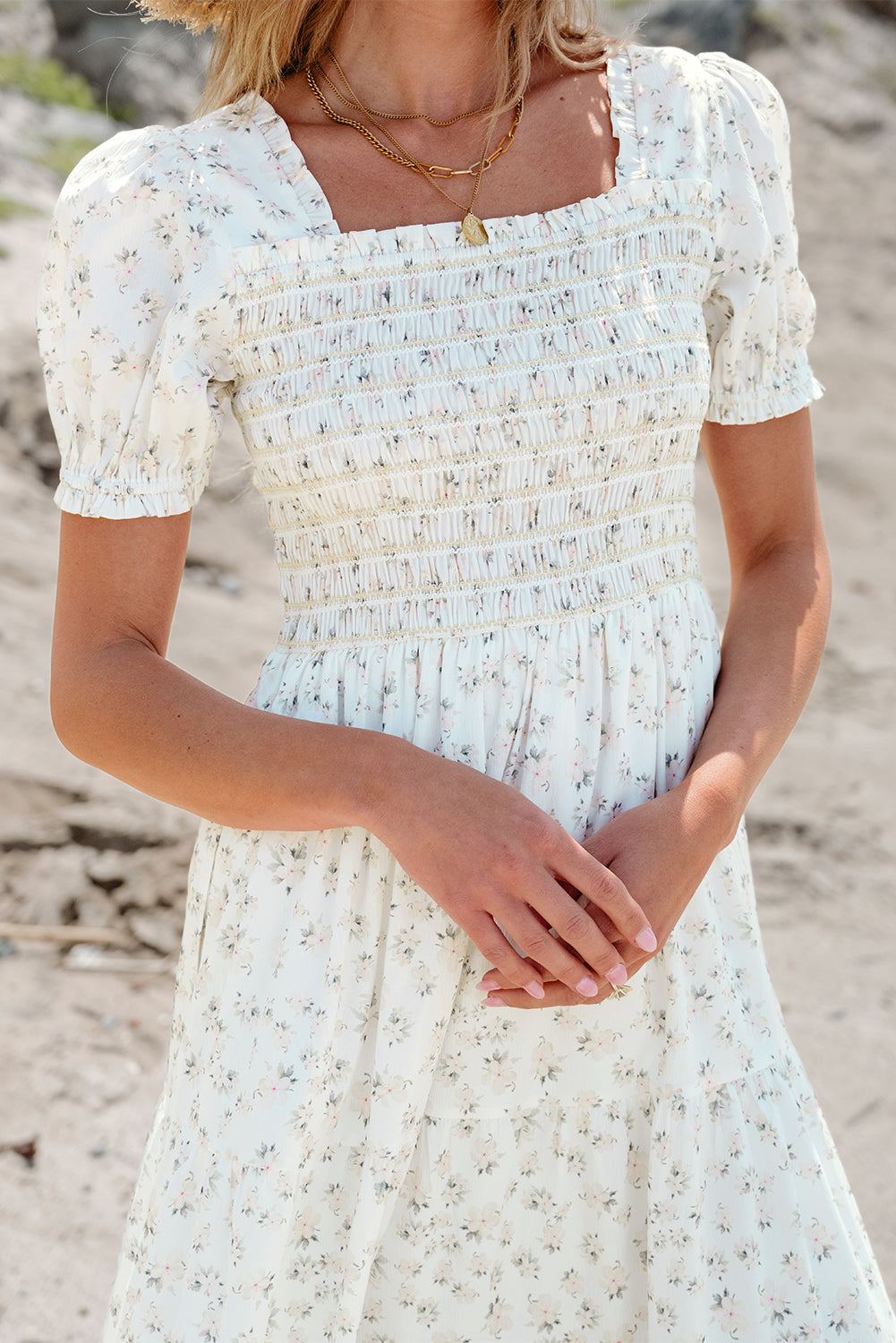 White Shirred Bodice Maxi Dress