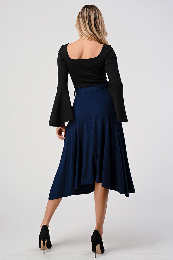 High Waist Midi Skirt with Waist Tie in Navy