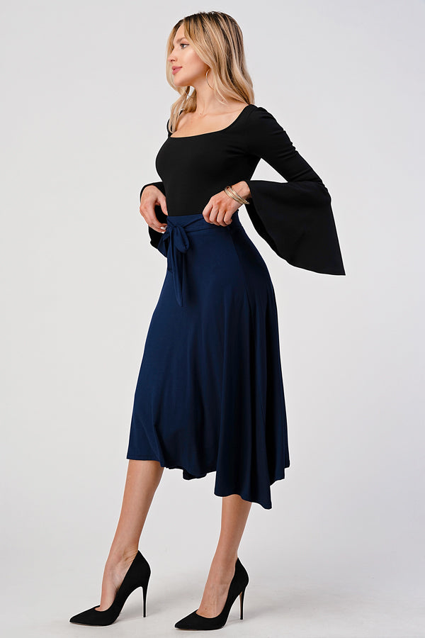 High Waist Midi Skirt with Waist Tie in Navy