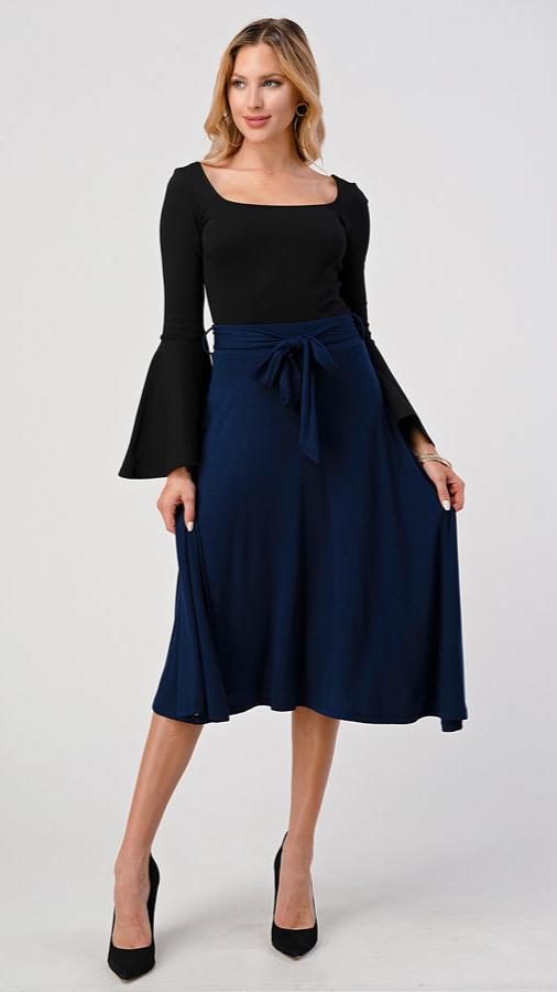 High Waist Midi Skirt with Waist Tie in Navy