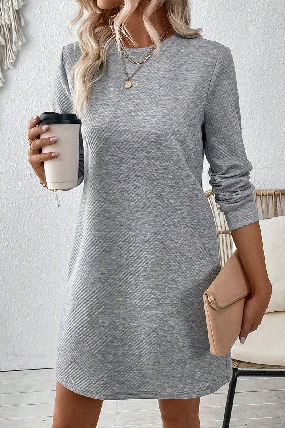 Textured Long Sleeve Mini Shift Dress