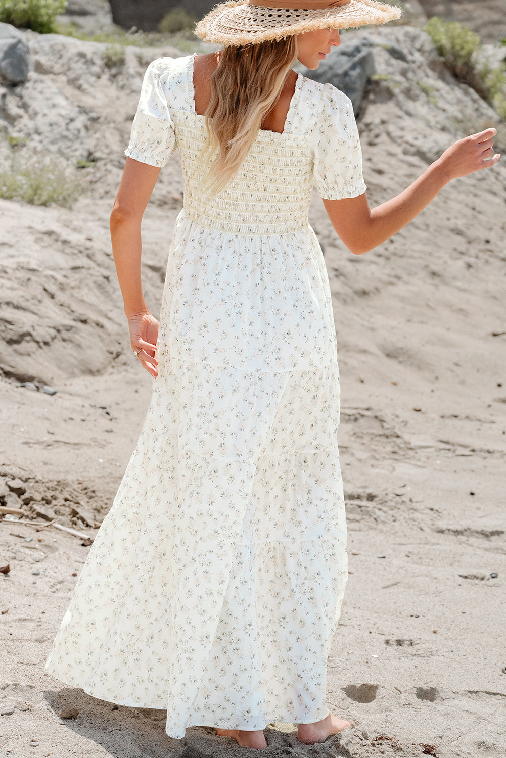 White Shirred Bodice Maxi Dress