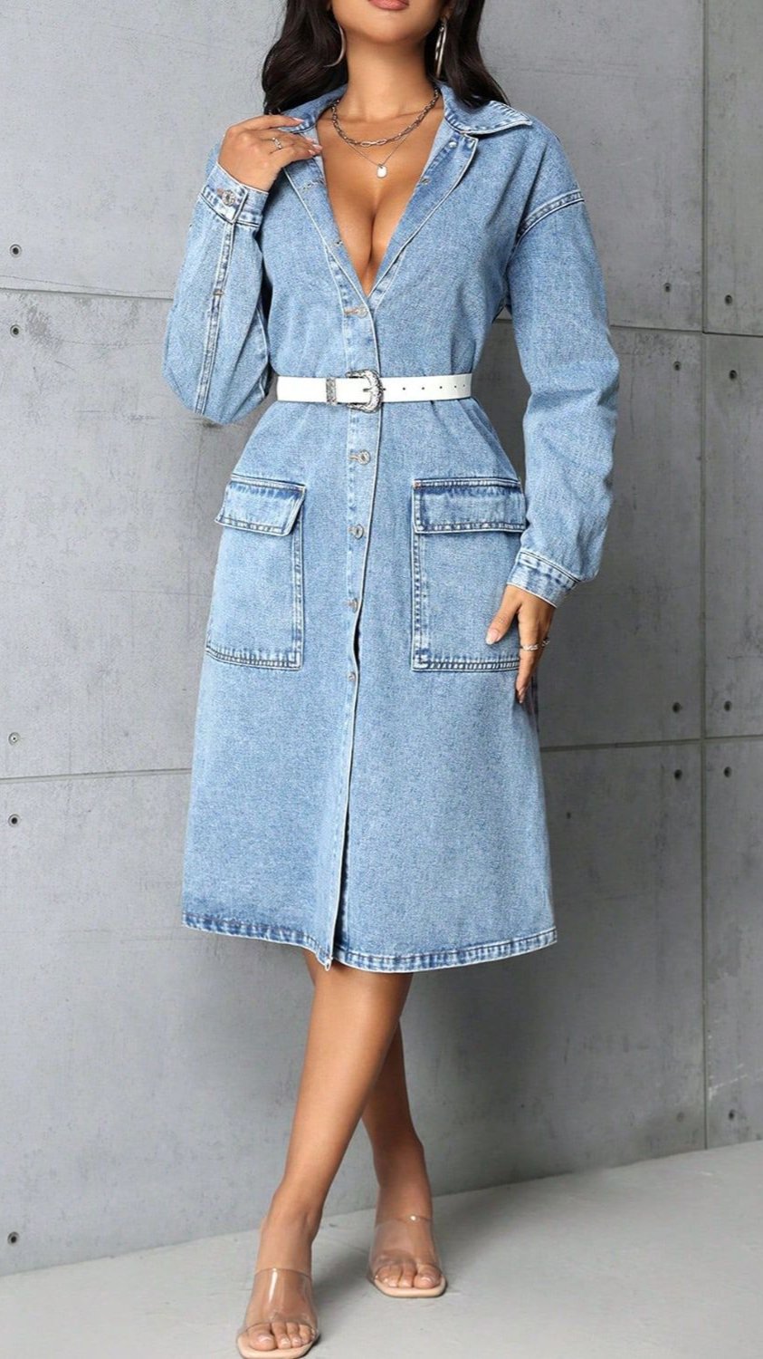 Pocketed Button Up Collared Neck Denim Dress Jacket