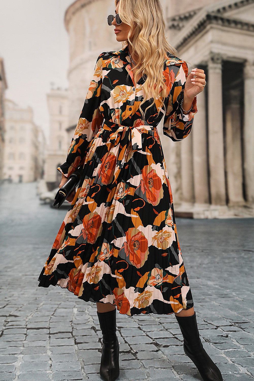 Floral Print Waist Tie Pleated Midi Dress