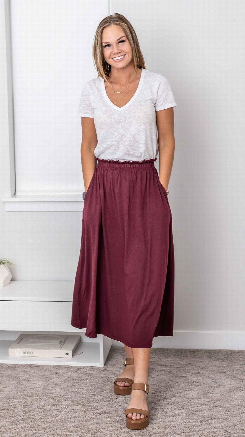 Paperbag Waist Midi Skirt With Pockets