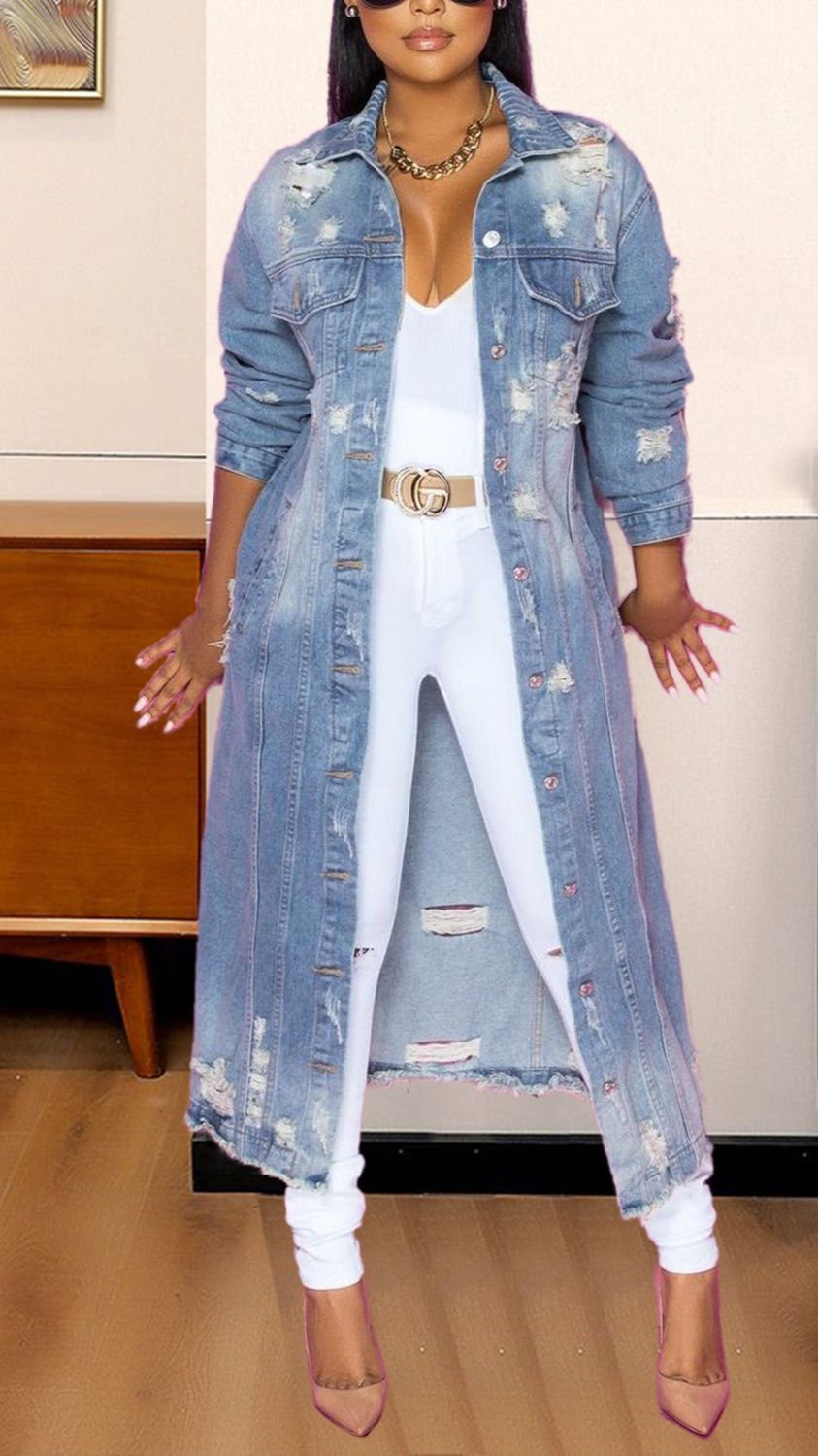 Long Sleeve Distressed Denim Dress Jacket