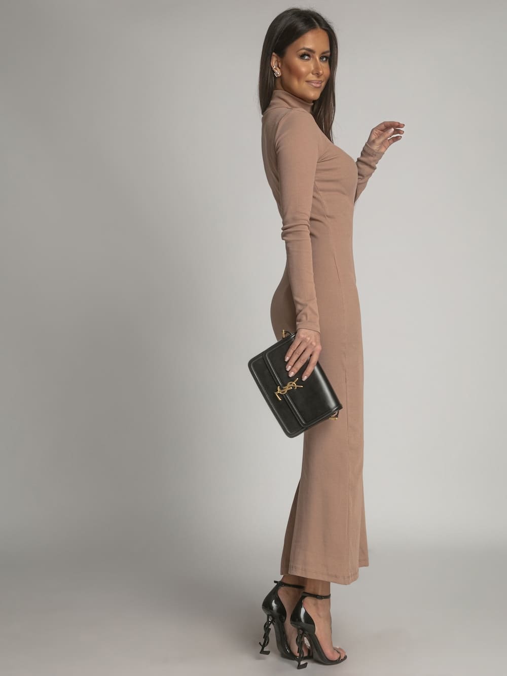 Cotton Fitted Turtleneck Maxi Dress in Cappuccino