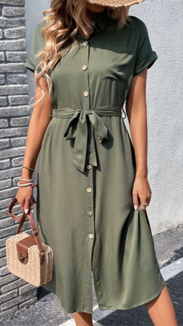 Viscose Slit Dress in Olive Green