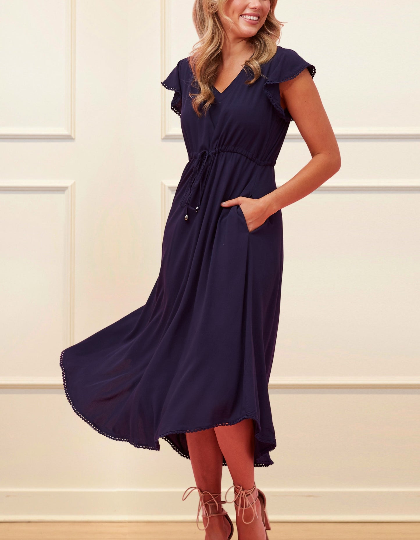 Charlie Viscose Midi Dress with Lace Trim in Navy